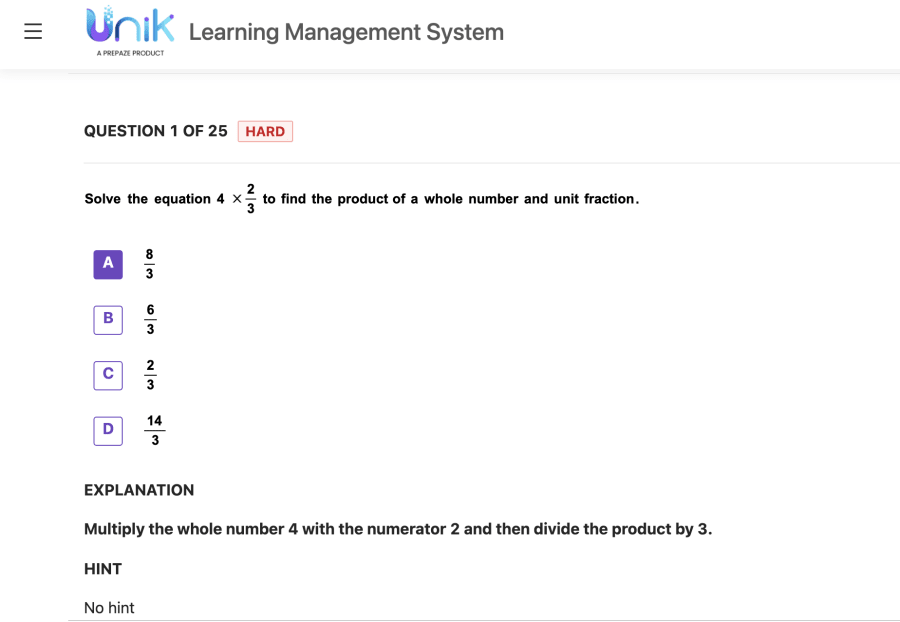 Prepaze Academy adaptive assessment showing a K-12 math question inside the learning management system